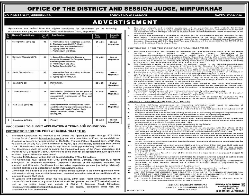 District & Sessions Court Mirpurkhas Jobs